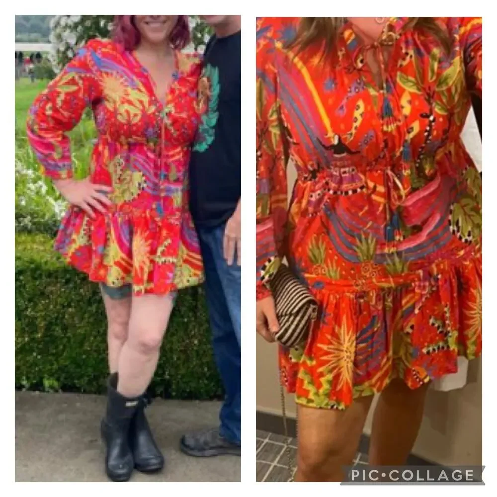 Farm Rio Magic Forest Cotton Mini Dress V-Neck Long Sleeve Beaded Tassels sz M - Picture 11 of 16